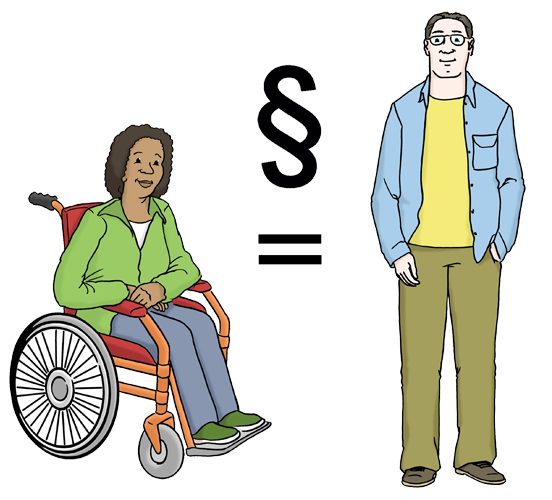 Illustration: Frau mit Behinderung und Mann ohne Behinderung stehen nebeneinander; zwischen ihnen ein steht das Zeichen = und das Zeichen §. Symbolisiert rechtliche Gleichstellung von Menschen mit Behinderung gegenüber Menschen ohne Behinderung. - copyright:Lebenshilfe für Menschen mit geistiger Behinderung Bremen e.V.