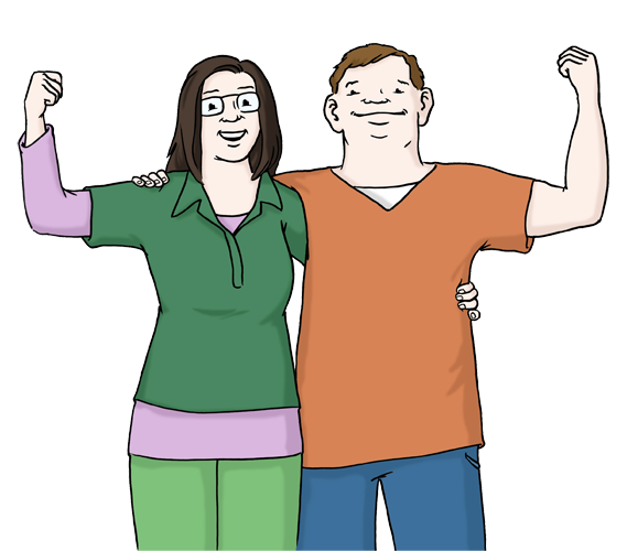 Illustration: Mann mit und Frau ohne Behinderung, Arm in Arm - copyright:Lebenshilfe für Menschen mit geistiger Behinderung Bremen e.V.