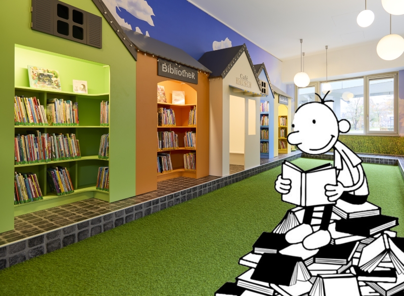 Eine Comicfigur sitzt auf einem Stapel Bücher und liest in einer bunten Bibliothek mit kinderfreundlichen Bücherregalen. - copyright: Stadtbibliothek Pforzheim - Ersteller: Stadtbibliothek Pforzheim
