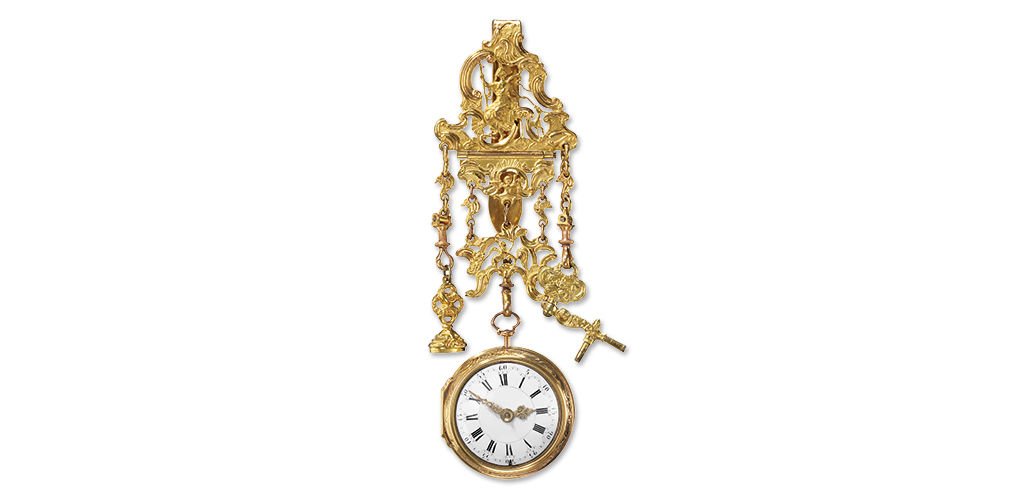 Taschenuhr mit Übergehäuse und Châtelaine, George Graham, London, um 1730, Uhrensammlung Philipp Weber im Schmuckmuseum Pforzheim, Leihgabe der Stiftung Sparkasse Pforzheim Calw, Foto Rüdiger Flöter
