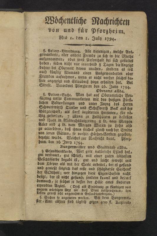 Wöchentlichen Nachrichten von und für Pforzheim von 1794