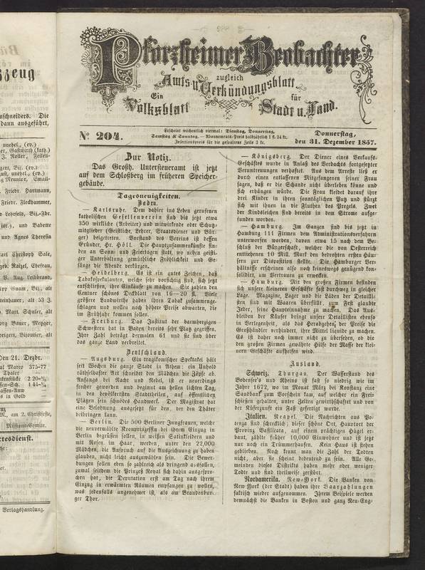 Pforzheimer Beobachter von 1857