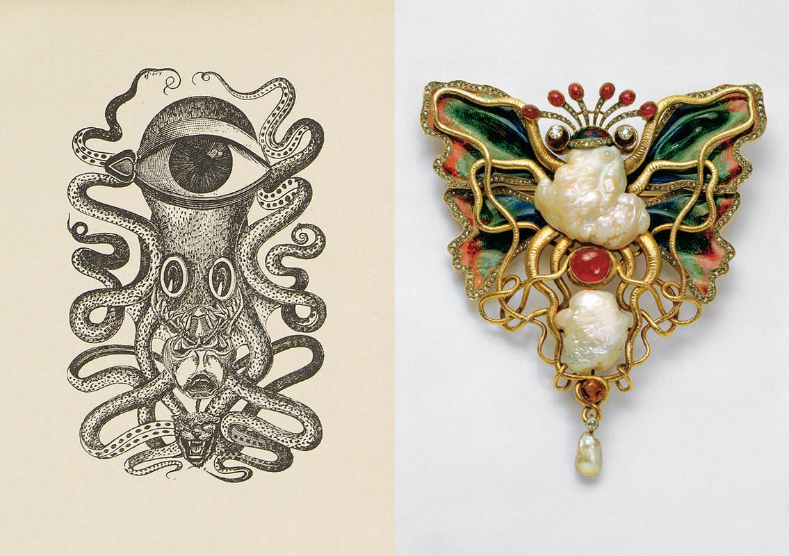 Max Ernst: Frontispie of La dame ovale by Leonora Carrington, 1939, a book with eight reproductions after collages by Max Ernst, The Würth Collection, © VG Bild-Kunst, Bonn 2020, in dialogue with »Octopus and butterfly« brooch, design Lucas Cranach, 1900